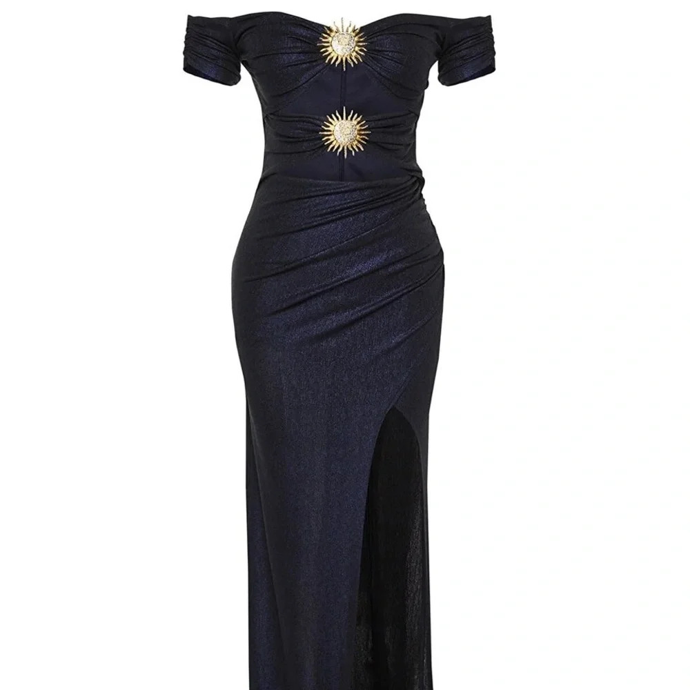 Long Navy Gown w/ Gold Sun Accents, size XXS/XS - Picture 5 of 7